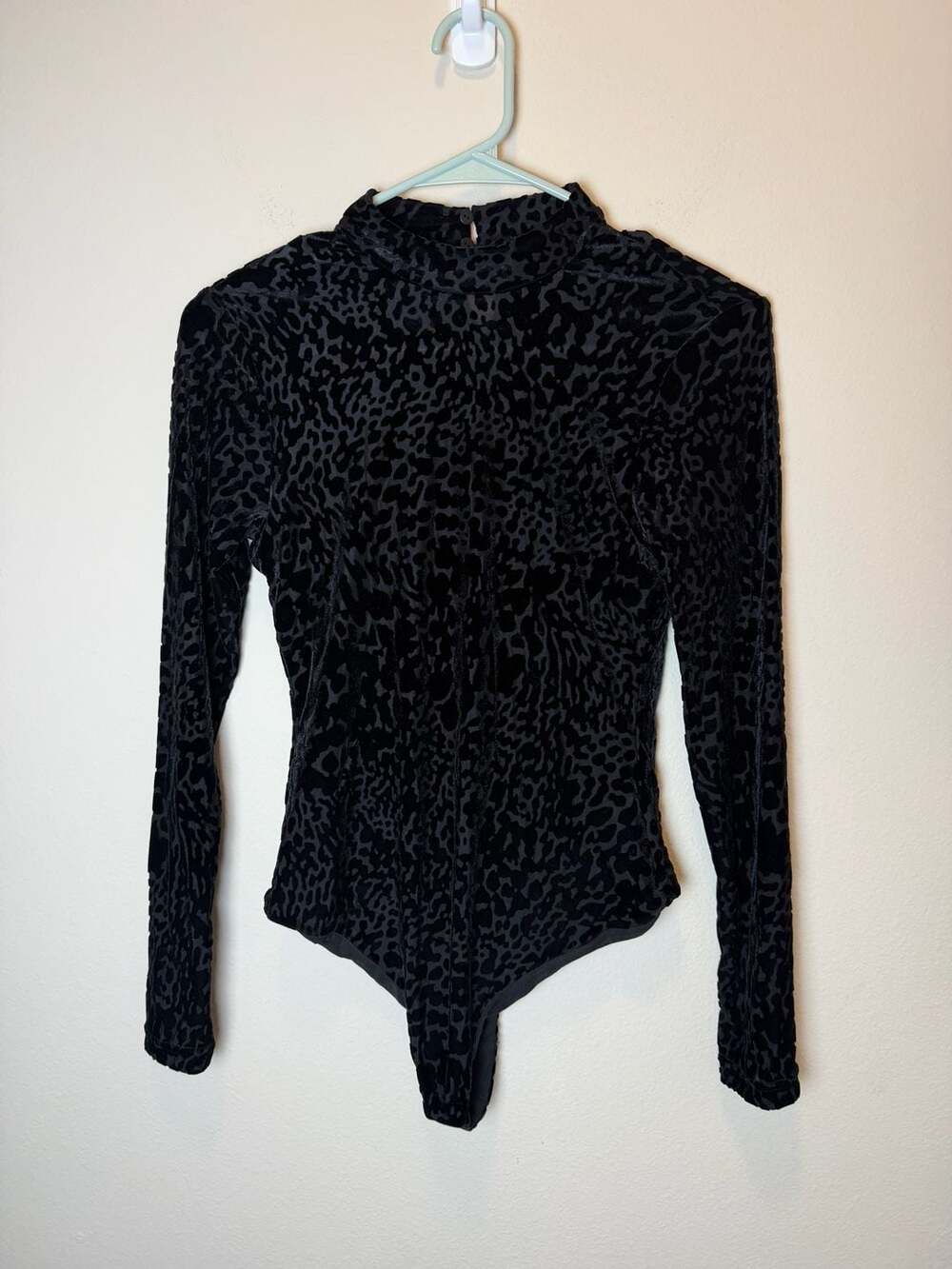 AllSaints Bodysuit Size Small Black Velvet Animal Print Long Sleeve